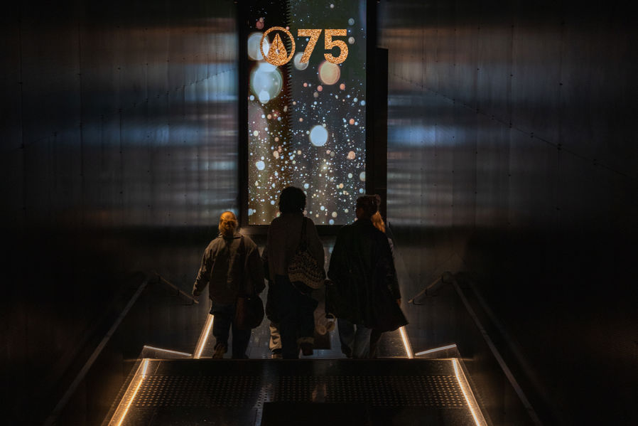 En gruppe mennesker som går ned en trapp